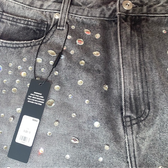 FASHIONNOVA Grey Razzle Dazzle Embellished Cut Off Denim Shorts 15 - Picture 8 of 11